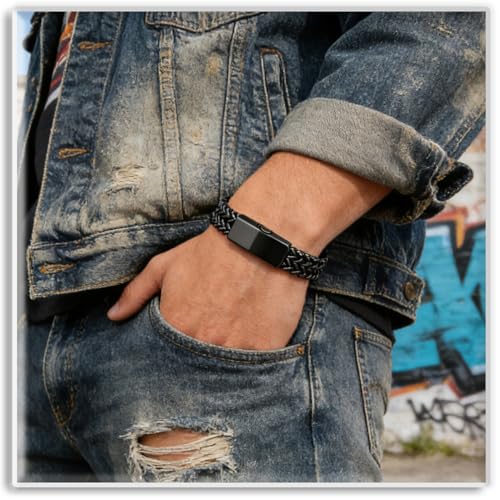 Xusamss Mens Cuban Link Bracelet Stainless Steel Double Layer Chain Jewelry Heavy Blank Bar Design Link Bracelet for Men - color: Black