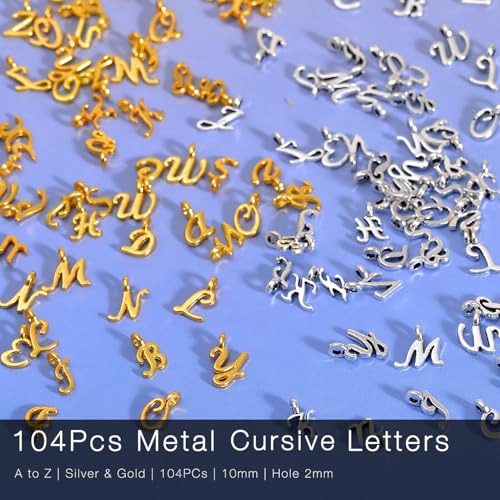 stino 200Pcs A-Z Metal Letter Charms for Jewelry Making, Capital Alphabet Initial Charms - color: 104Pcs Silver & Gold Cursive