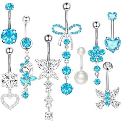 Suotarn 14G Belly Button ring Dangle Belly Rings Surgical Stainless Steel Cute Bow Butterfly Heart Flower Dangling Belly Button Piercing Jewelry For Women Silver Dainty Dangly Navel Ring - color: aqua