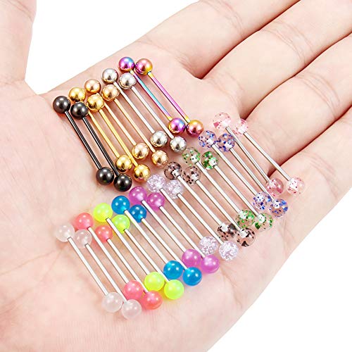 SCERRING 15 Pairs 16G 14G Stainless Steel Tongue Barbell Ring Nippleings Nipple Rings Shinny Acrylic Glow in Dark Balls Body Piercing Jewelry Retainer 14mm 16mm 19mm 22mm - style: 30PCS - 16G 16mm