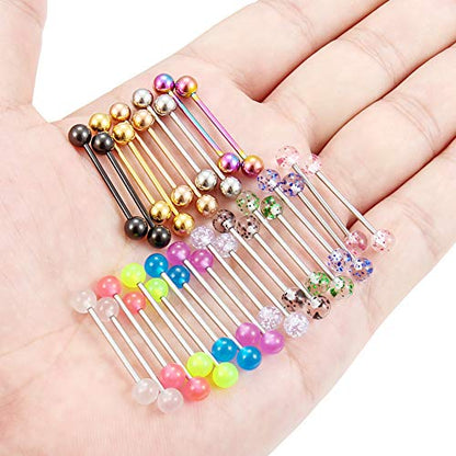 SCERRING 15 Pairs 16G 14G Stainless Steel Tongue Barbell Ring Nippleings Nipple Rings Shinny Acrylic Glow in Dark Balls Body Piercing Jewelry Retainer 14mm 16mm 19mm 22mm - style: 30PCS - 16G 14mm