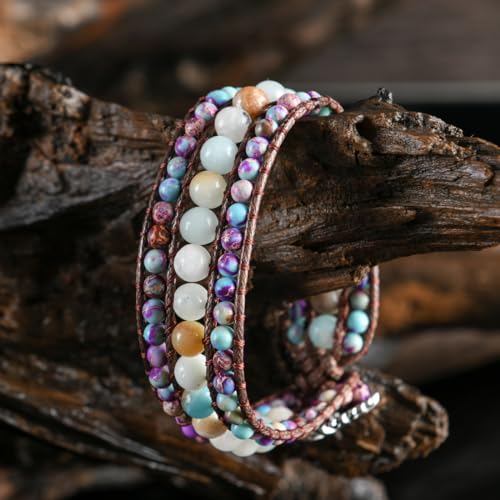 YGLINE Boho Handmade Natural Stone Bead 3 Row Wide Wrap Wrist Statment Bracelet Jewelry Collection - color: regalite ＆amazonite