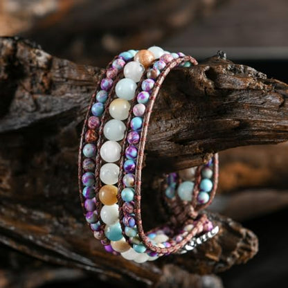 YGLINE Boho Handmade Natural Stone Bead 3 Row Wide Wrap Wrist Statment Bracelet Jewelry Collection - color: regalite ＆amazonite