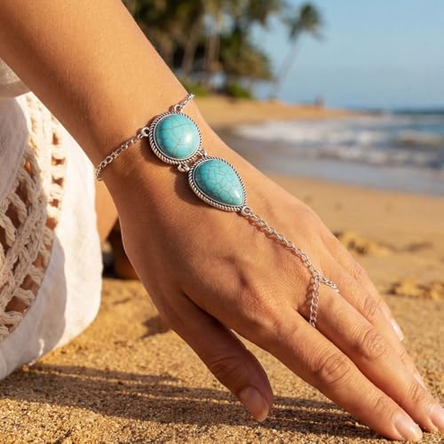 GORTIN Turquoise Hand Chain Bracelets Ring Link Chain Bracelet Set Boho Hand Chain Jewelry for Women Pack of 2