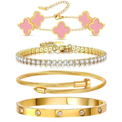 Gold Bracelets for Women, 18K Gold Plated Women Tennis Bracelets Clover Nail Love Bangle Bracelet Set, Gold Bracelet Stackable Set Trendy Jewelry, Gifts for Women's Day and Mother's Day - color: 08-Color-4 Pink