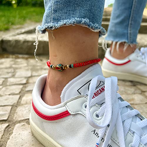 Made by Nami Boho Surfer Anklet Waterproof & Adjustable Beaded Anklets for Women Beachy Ankle Bracelet Made from Waxed Cotton Rope and Beads for Summer and Hippie Style - color: Red