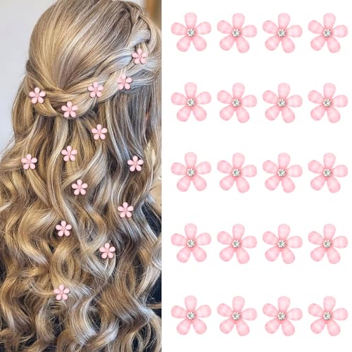YISSION Mini Pink Flower Hair Accessories - 20Pcs Rhinestone Decorative Barrettes, Pins and Clips for Girls, Women, Weddings and Bridal Occasions - color: Pink