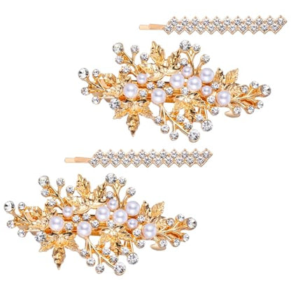 4 PCS Gold Hair Pins Rhinestone Barrette Pearl, Crystal Wedding Leaf Barrette, Sparkly Bridal Hair Clips Accessory for Women Girls
