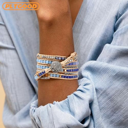 Boho 5 Wrap Bead Bracelet for Men Women - Handmade Adjustable Natural Chakras Stone Crystal Beaded Bracelets Cuff Rope Yoga Healing Bracelet Bangle Hippie Jewelry - color: Blue