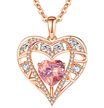 5 Heart I Love You Necklace for Women, Birthstone Crystal Pendant, Birthday Gift for Her, Wife, Mom, Rose Gold or Gunmetal Plated, 925 Sterling Silver Chain 18"+2" - color: 10-October-Pink Tourmaline Quartz Rose-Rose Gold Plated