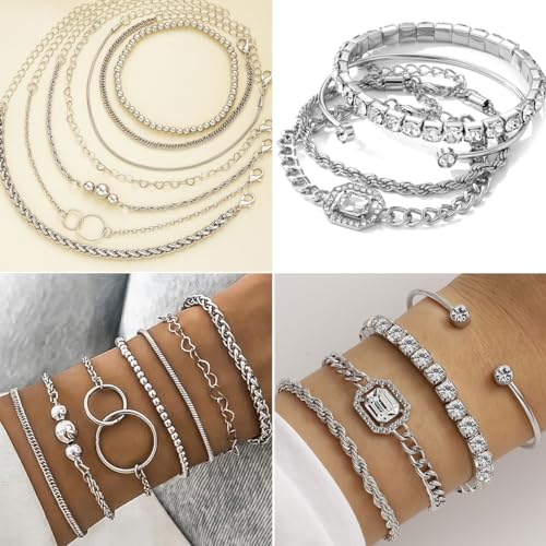 116 Pcs Silver Jewelry Set with 7Pcs Layered Necklace, 11 Pcs Bracelet and 22pcs Hoop Earrings ,22pcs Knuckle Rings,54pcs stud earrings Jewerly set For Women Valentine Anniversary Birthday Friendship Gift