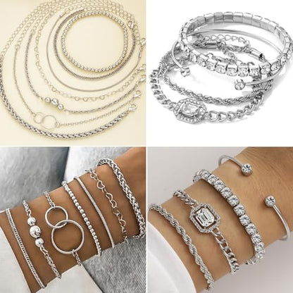 116 Pcs Silver Jewelry Set with 7Pcs Layered Necklace, 11 Pcs Bracelet and 22pcs Hoop Earrings ,22pcs Knuckle Rings,54pcs stud earrings Jewerly set For Women Valentine Anniversary Birthday Friendship Gift
