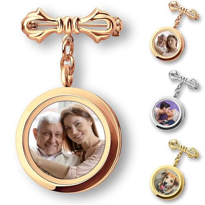 Personalized Photo Wedding Bouquet Charm, Double Sided Round Glass Photo Locket Pendant Pin Brooch, Handmade Memorial Picture Frame Bridal Shower Gift For Bride & Groom - color: Round Large - Rose Gold