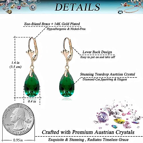 Austrian Crystal Teardrop Leverback Dangle Earrings for Women Fashion 14K Gold Plated Hypoallergenic Jewelry - color: Emerald