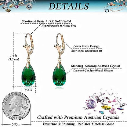 Austrian Crystal Teardrop Leverback Dangle Earrings for Women Fashion 14K Gold Plated Hypoallergenic Jewelry - color: Emerald