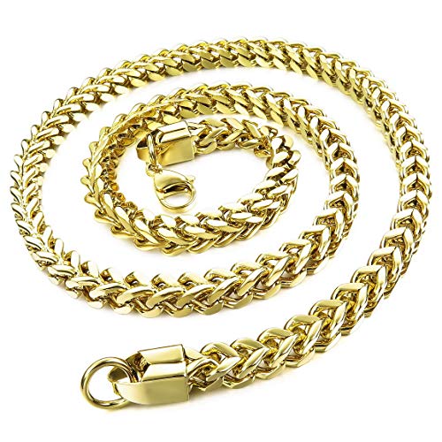 INBLUE 6MM Wide Chain Necklace for Men Women Stainless Steel Cuban Link Chain Necklaces Water Resistant Thick Metal Foxtail Chains (3 Colors - Silver Black Gold, 21.6 Inch Long) - color: Gold