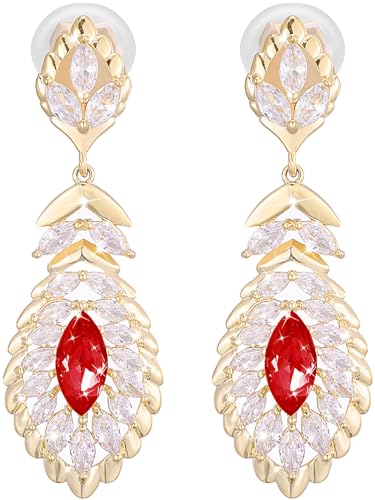 Clip On Crystal Dangle Non Pierced Earrings for Women 14K Gold Plated Jewelry - color: Jan-Garnet-14K Gold