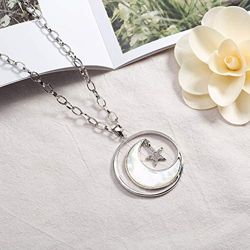 Long Moon Star Shell Pendant Necklace for Women Sweater Layered Y Statement Bohemian Chain Mother Jewelry with Gifts Box - color: SULVER