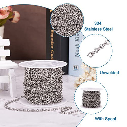 PandaHall 32.8 Feet Stainless Steel Cable Cross Chains with Spool 4x3x0.8mm Unwelded Oval Link Necklace Bracelet Pendant Jewelry Making Chains for DIY Crafts