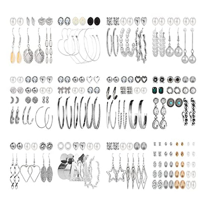 NEWITIN 69 Pieces Gold Jewelry Set for Women Fashion Costume Jewelry Gold Plated Necklace Bracelet Earrings Set for Women - color: Silver Earrings Set