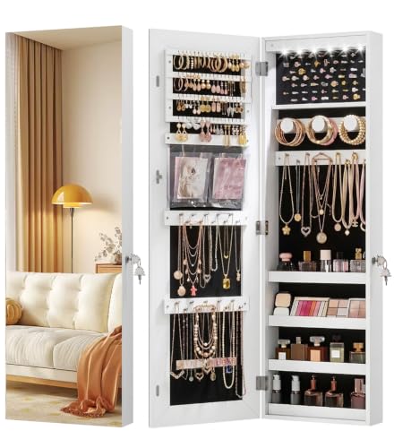 LVSOMT Over The Door Jewelry Organizer, 6 LED Wall Mounted Jewelry Cabinet | Lockable 42.5" Full Length Mirror with Jewelry Storage, Hanging Jewelry Mirror Cabinet, Jewelry Armoire for Women, White - color: White