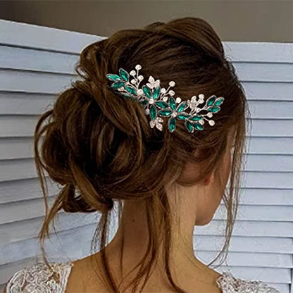 Casdre Crystal Bride Wedding Hair Comb Silver Leaf Bridal Hair Accessories Rhinestone Party Prom Hair Piece for Women and Girls (C Green) - color: C Green