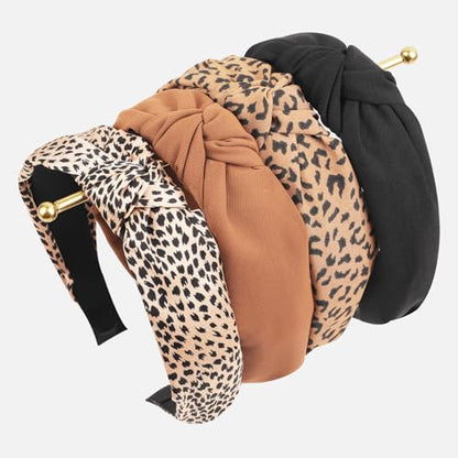 Top Knotted Headband for Women Trendy 4 Pack, Wide Head Bands for Women's Hair Knotted, Chunky Cute Women's Headbands Fashion, Black Brown Leopard