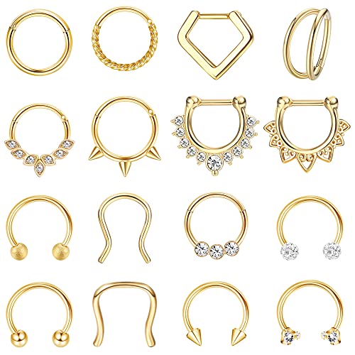 Besteel Hypoallergenic Septum Rings 16G 8mm Surgical Steel Clicker Nose Rings Hoops Set Small Lip Cartilage Helix Daith Piercing Jewelry for Women Men 16 Pcs Gold Silver Black - color: Gold