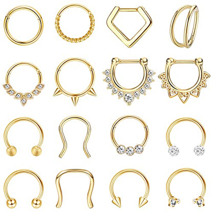 Besteel Hypoallergenic Septum Rings 16G 8mm Surgical Steel Clicker Nose Rings Hoops Set Small Lip Cartilage Helix Daith Piercing Jewelry for Women Men 16 Pcs Gold Silver Black - color: Gold