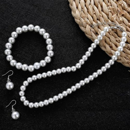 Classic Faux Pearl Necklace Bracelet Earrings Jewelry Set for Women Pearl Clip-on Stud Drop Dangle Earrings Jewelry Set Statement Bridesmaid Bride Birthday Wedding Accessory - color: Drop Earrings Set