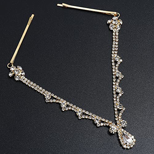 Missgrace Women Bridal Rhinestone Gold Forehead Head Chain Clip Headband Boho Crystal Teardrop Headpiece Hair Jewelry Wedding Prom Party Halloween Festival Hair Accessories for Women (Gold) - color: Gold