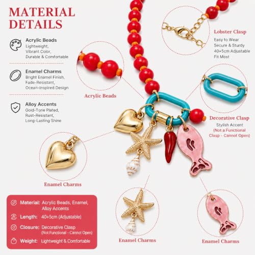 LIU JUN Colorful Beaded Necklace for Women, Chunky Boho Fish Starfish Conch Pendant Acrylic Bead Necklaces Cute Y2K Summer Beach Jewelry Gifts - color: Red