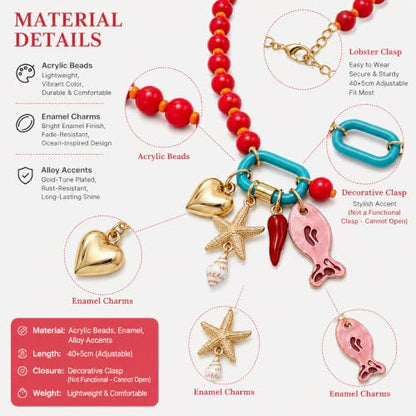 LIU JUN Colorful Beaded Necklace for Women, Chunky Boho Fish Starfish Conch Pendant Acrylic Bead Necklaces Cute Y2K Summer Beach Jewelry Gifts - color: Red