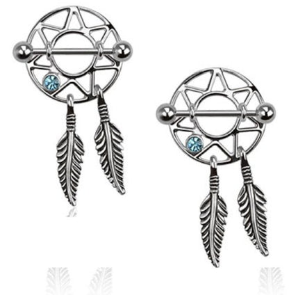 316L Surgical Steel Dream Catcher Feather Nipple Shield Gem 3/4" 14 Gauge Pair - color: Blue