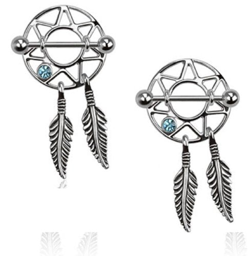 316L Surgical Steel Dream Catcher Feather Nipple Shield Gem 3/4" 14 Gauge Pair - color: Blue