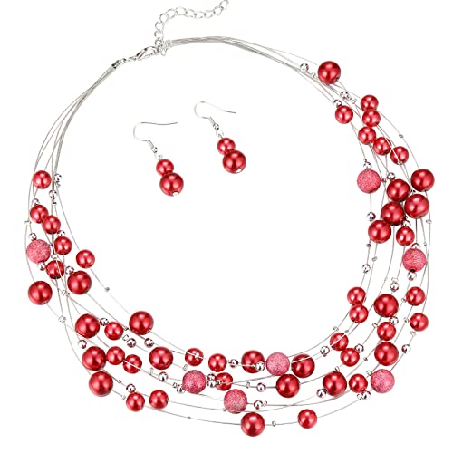 FULU AUTUMN Layered Pearl Necklace Multi-strand Pearl Choker Necklaces for Women Beaded jewelry for Wedding Parties - color: 37-Red