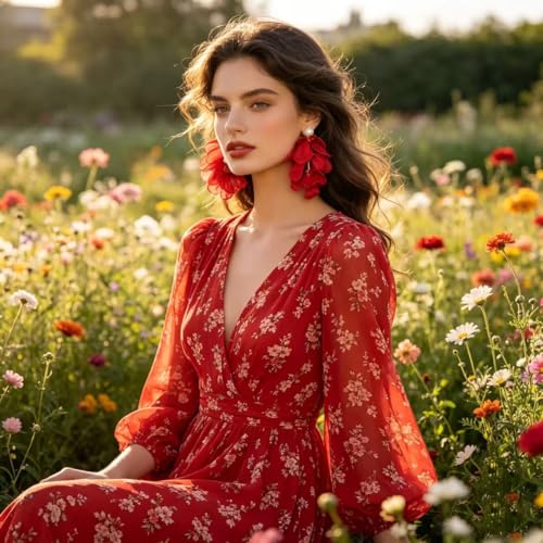 Handmade Bohemian Lightweight Fabric Flower Dangle Drop Earrings Chic Pearl Large Tassel Petal Stud Earrings For Women - color: Red