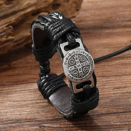 2 Pack Braided Leather Cross Bracelet for Men, Handmade Adjustable Wristband - color: Black
