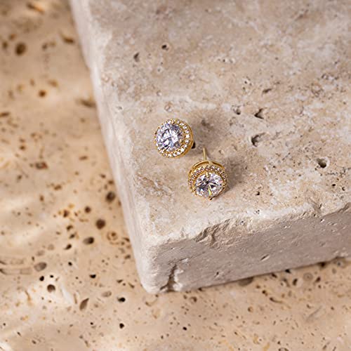 PAVOI 14K Gold Plated 925 Sterling Silver Post Brilliant Round Faux Diamond Halo Earrings - Premium Cubic Zirconia - style: 9.5mm Round