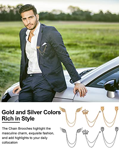 6 Pieces Men's Tassel Chain Brooch Collar Pins Wedding Brooches Collar Pins Wings Wolf Head Crown Lapel Suit Shirt Tuxedo Accessories for Wedding Anniversary Birthday Party Gift Business Office
