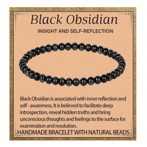 LPBeads Handmade Natural Gemstone Stretch Elastic Bracelet Healing Crystal Round Stone Beads Jewelry Gifts for Women Men - color: Black Obsidian, size: 4mm