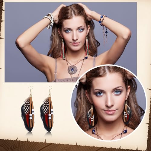 Nosiny 6 Pairs Bohemian Feather Dangle Earrings for Women Bohemian Long Feather Earrings with Shell Beads Long Fringe Tassel Dangle for Women Christmas Gifts