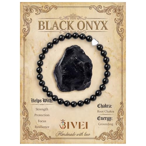 Bivei Crystal Stretch 6mm Bracelets for Women | Handmade Natural Stone Beaded Stretch Bracelet, Stainless Steel Heart Bead, Tranquility Yoga Gift Jewelry for Women - color: Black Onyx - Grounding