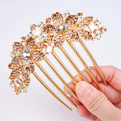 Women Rhinestone Inlaid Flower Hair Comb Hairpin Barrette Accessory,Also Perfect Mother's Day Gifts for Mom (Champagne) - color: Champagne