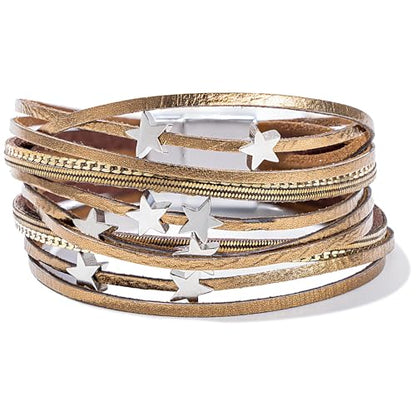 Boho Cute Star Leather Wrap Bracelets Stackable Western Chunky Jewelry | Bohemian Statement Layered Stack Magnetic Clasp Cuff Bangle Fashion Festival Hippie Cowgirl Country Outfits for Women Trendy - color: Bronze