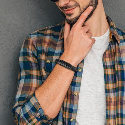 Stainless Steel Mens Bracelets - Black Leather Punk Cuff Jewelry - color: Blue plated
