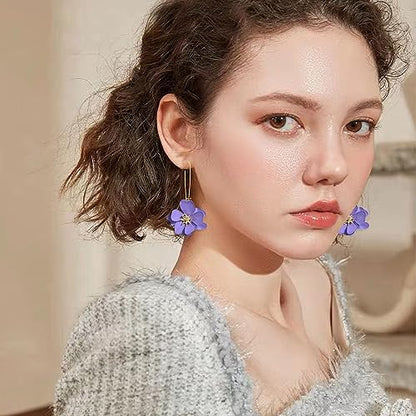 Bohemian Daisy Flower Matte Floral Long Petal Drop Dangle Earrings Layered Tiered for Women Chic Boho Wedding Jewelry - color: Violet