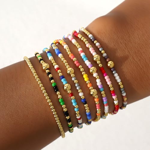 Dainty Gold Plated Beaded Bracelet Stack for Women,Handmade Bohemian Colorful Beads Stackable Stretch Bracelets Fashion Prom Jewelry Accessories Gift Friendship