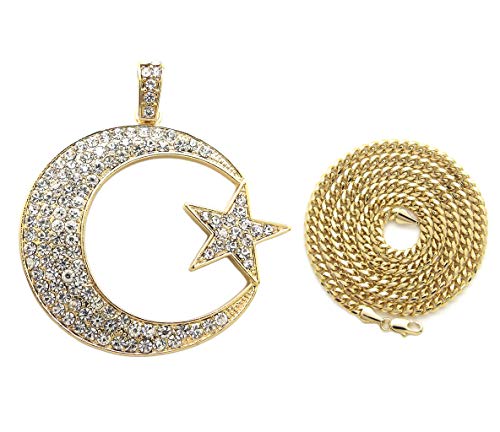 Fashion 21 Unisex Iced Out Crescent Moon & Star Pendant 24" Various Chain Necklace in Gold, Silver Tone - color: Gold / 3mm 24" Cuban Chain