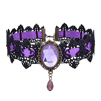 Dainty Black Lace Crystal Choker Necklace Lace Gothic Choker for Women for Halloween Weeding Costume Party Prom Vampire Choker - color: Purple